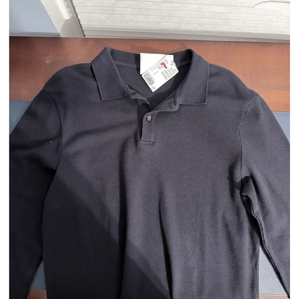 H&M Men's Long Sleeve Polo Shirt Black Textured Regular Fit Size L New With Tags
